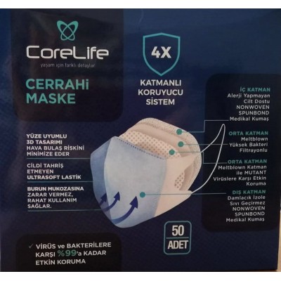 CoreLife 4 Katlı 3D Tek Kullanımlık Medikal Maske